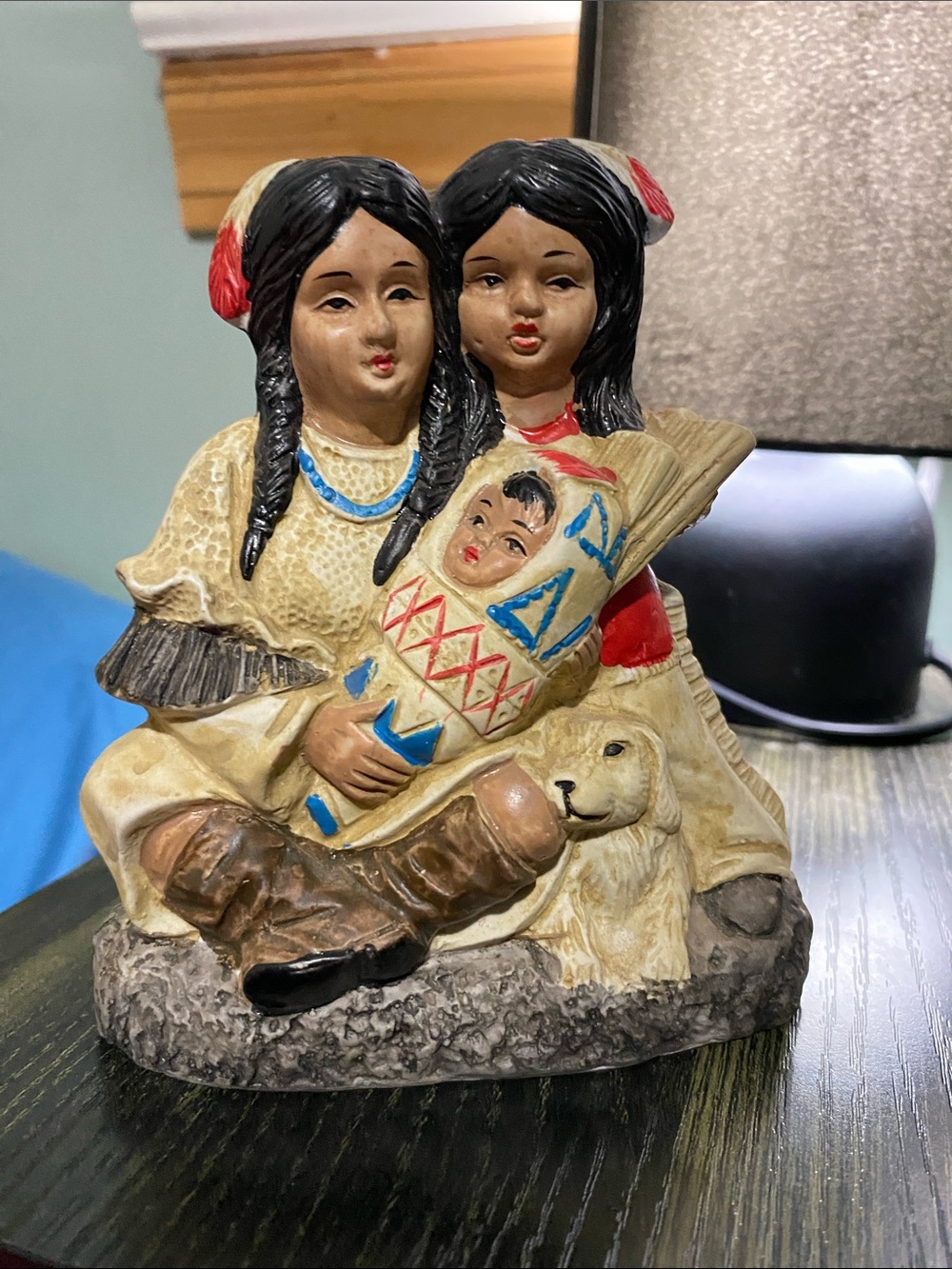 Hand-Painted Native Family Sculpture in Cream and Brown